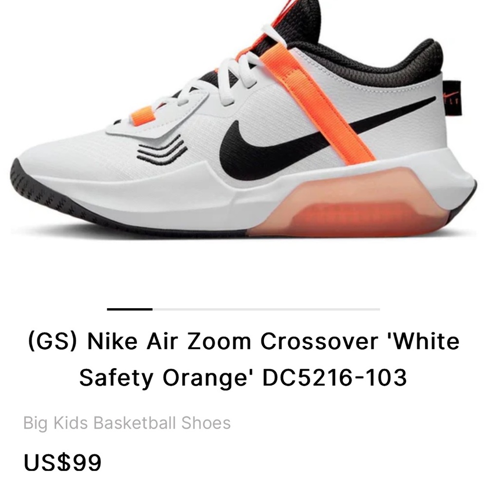 Nike Air Zoom Crossover 'White Safety Orange' DC5216-103, Big Kids Size 6